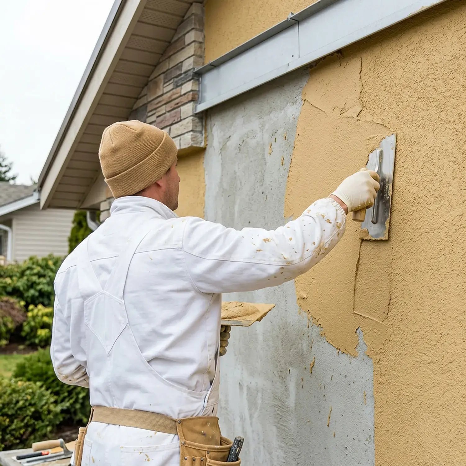 Worker troweling a fresh coat onto a yellow stucco exterior wall before repainting