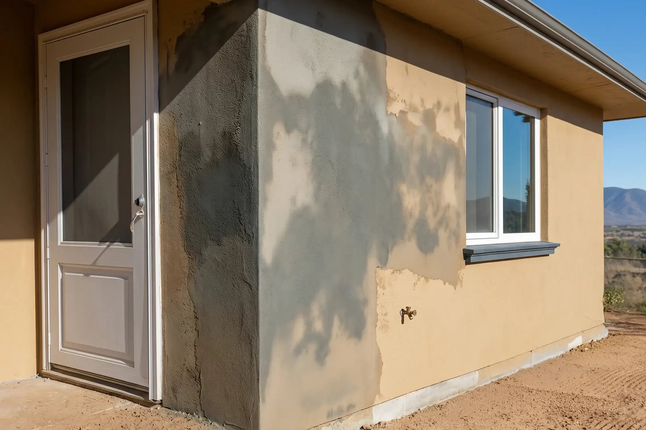 Crew rebuilding a damaged section of stucco wall on a single-family home during a large-section repair