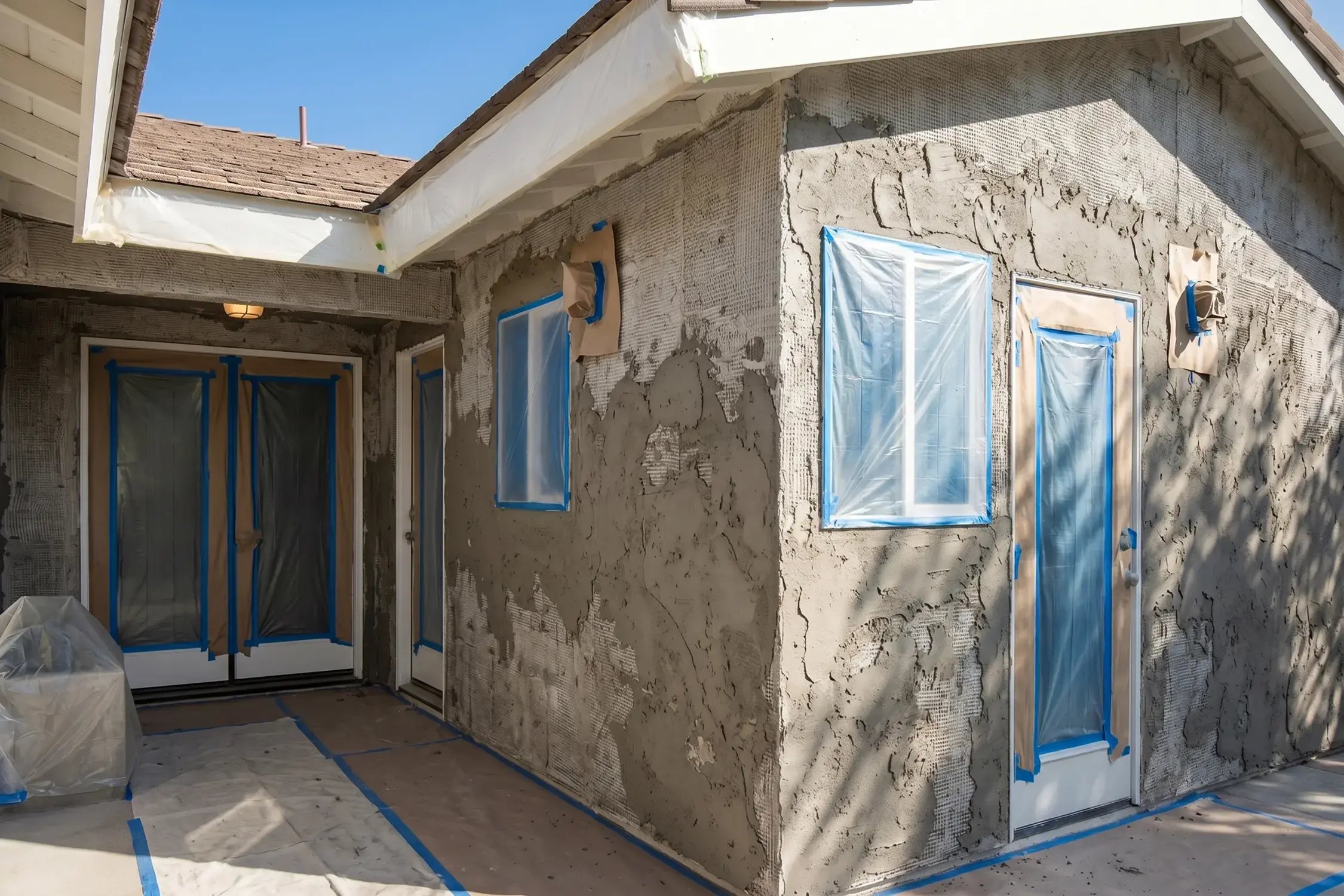 Exterior wall with masked windows and gray base coat during stucco repair on a single-story home
