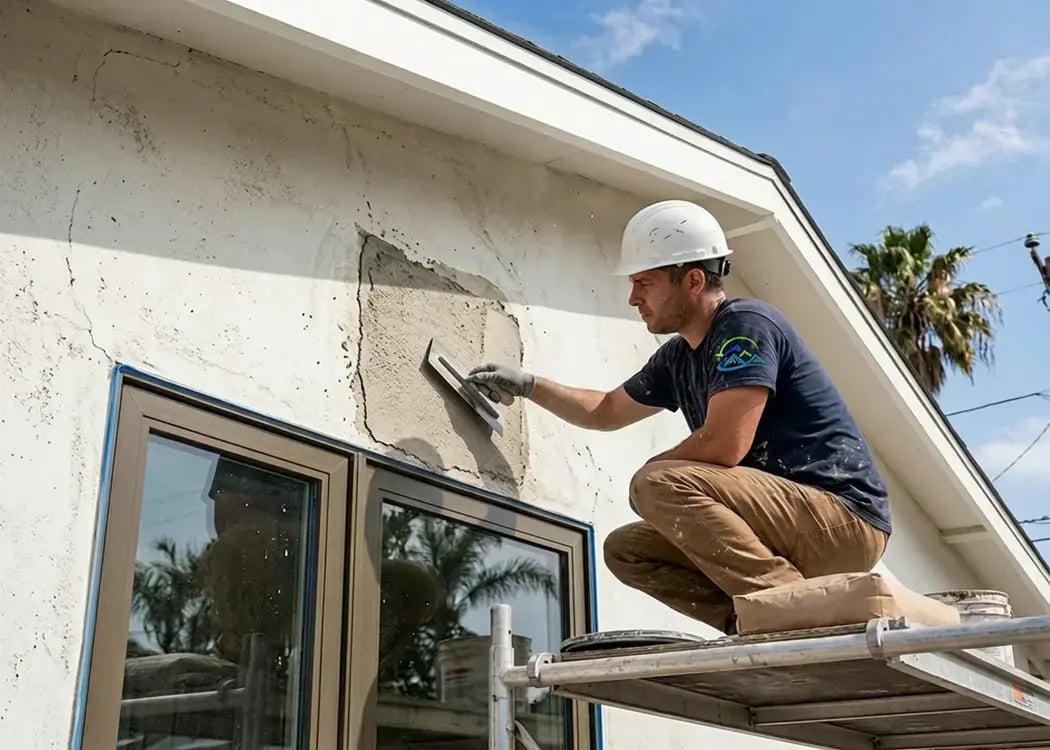 Worker troweling a stucco patch onto a cracked exterior wall beside a window during stucco repair, Hybrid Renovations