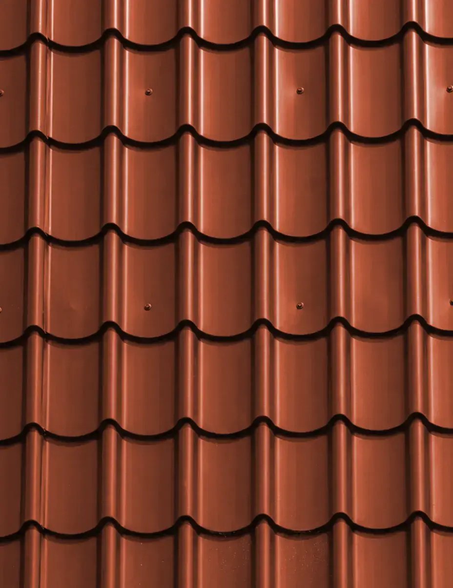 Terracotta red tile-profile metal roofing color swatch with classic Spanish barrel-tile shaping