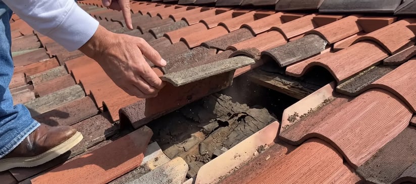Lifted concrete roof tile exposing cracked, deteriorated underlayment and bare wood sheathing beneath