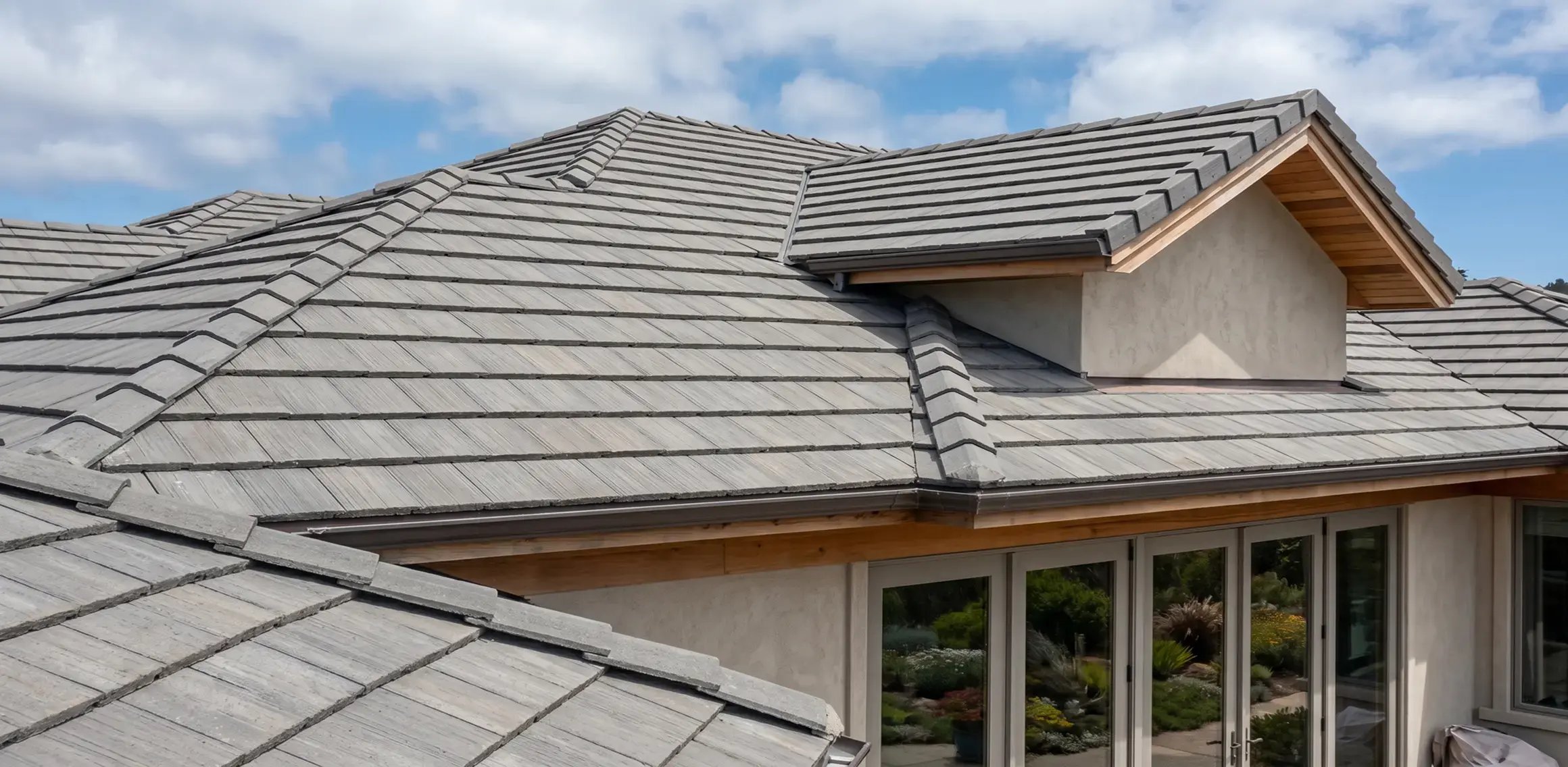 Flat gray concrete roof tiles on a single-family home with cedar eaves and stucco dormer — Hybrid Renovations