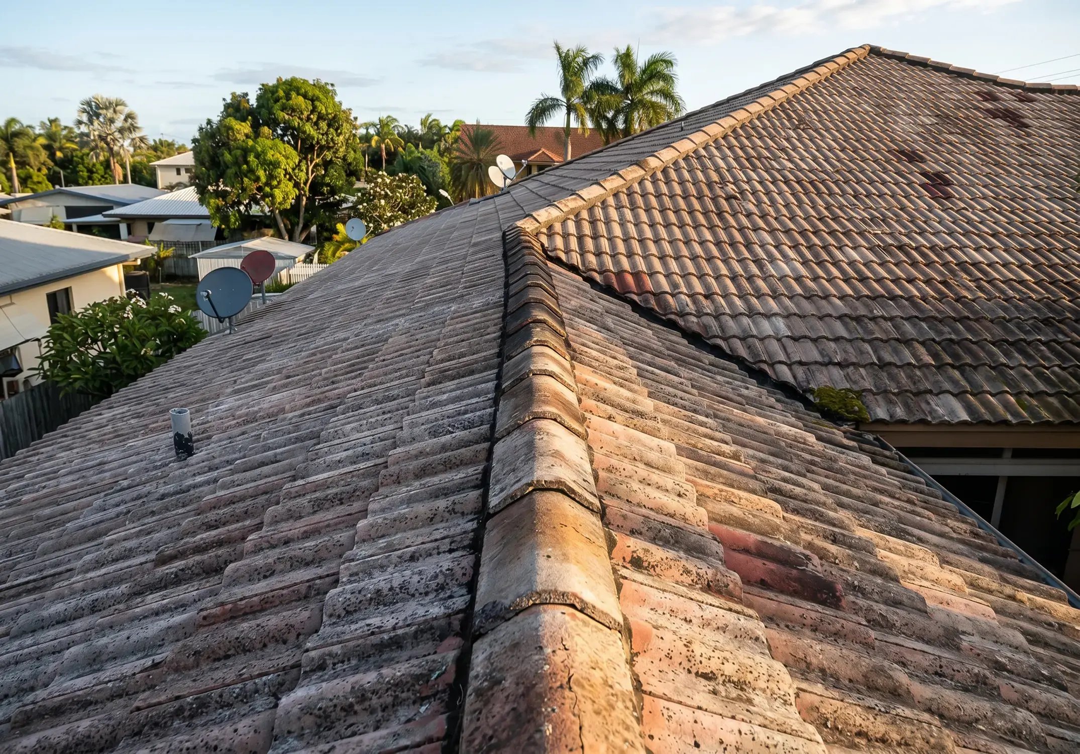 Aged, weathered tile roof with moss and discoloration before a full tile roof replacement