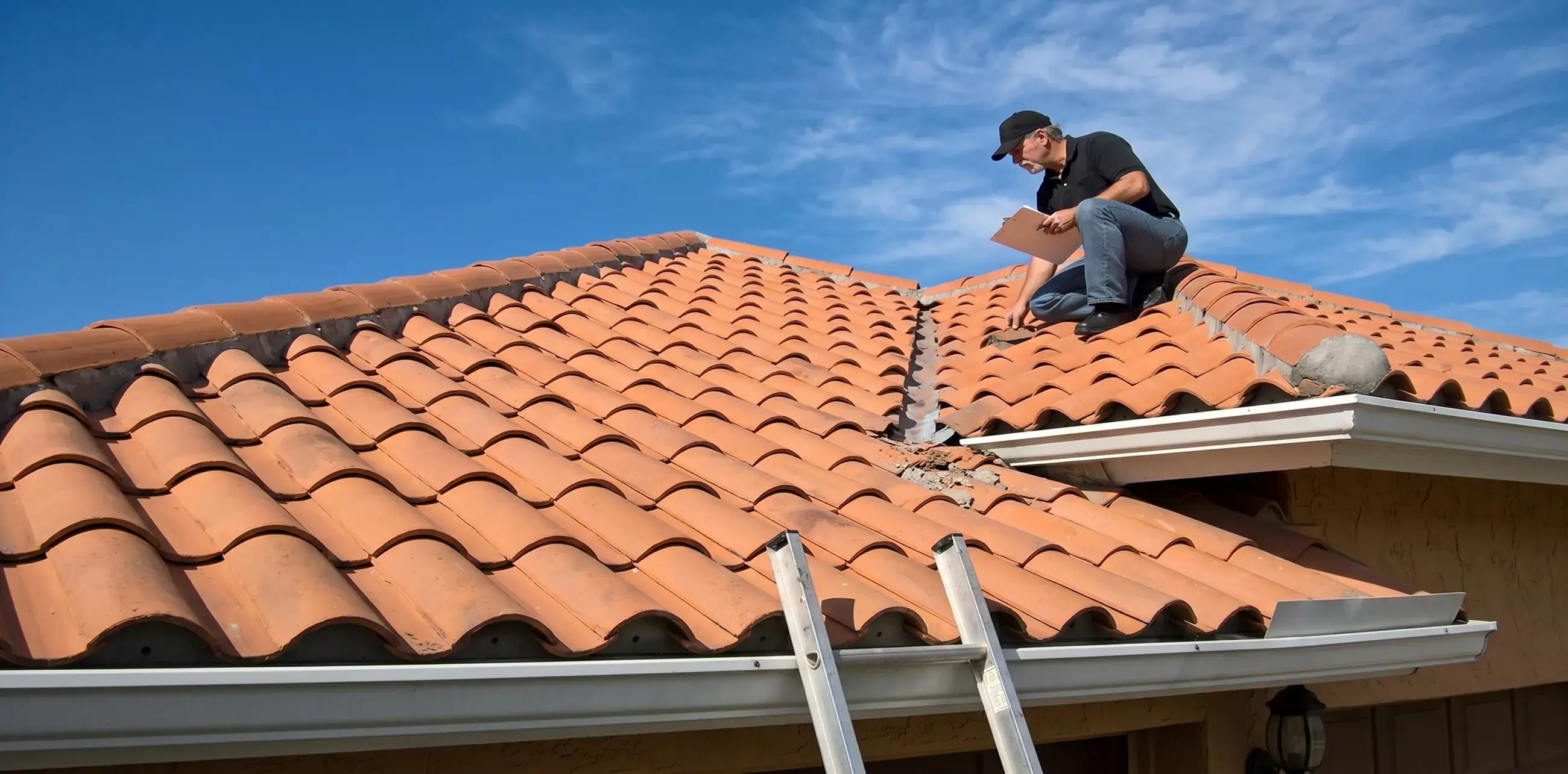 Roofer with a clipboard inspecting a terracotta clay tile roof beside a ladder during a roof inspection