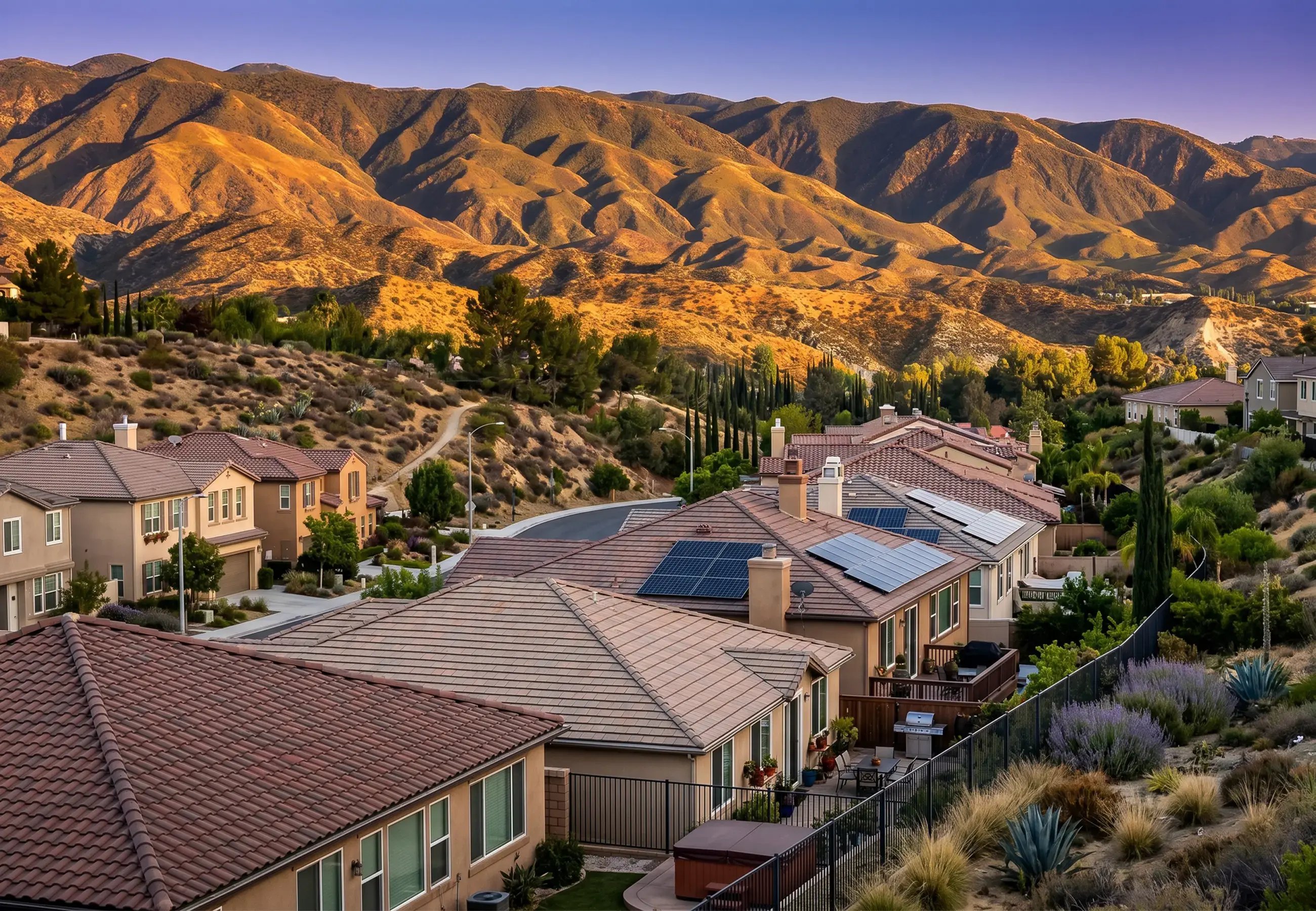 Clay and concrete tile roofs on hillside homes in a Santa Clarita neighborhood below the mountains at sunset