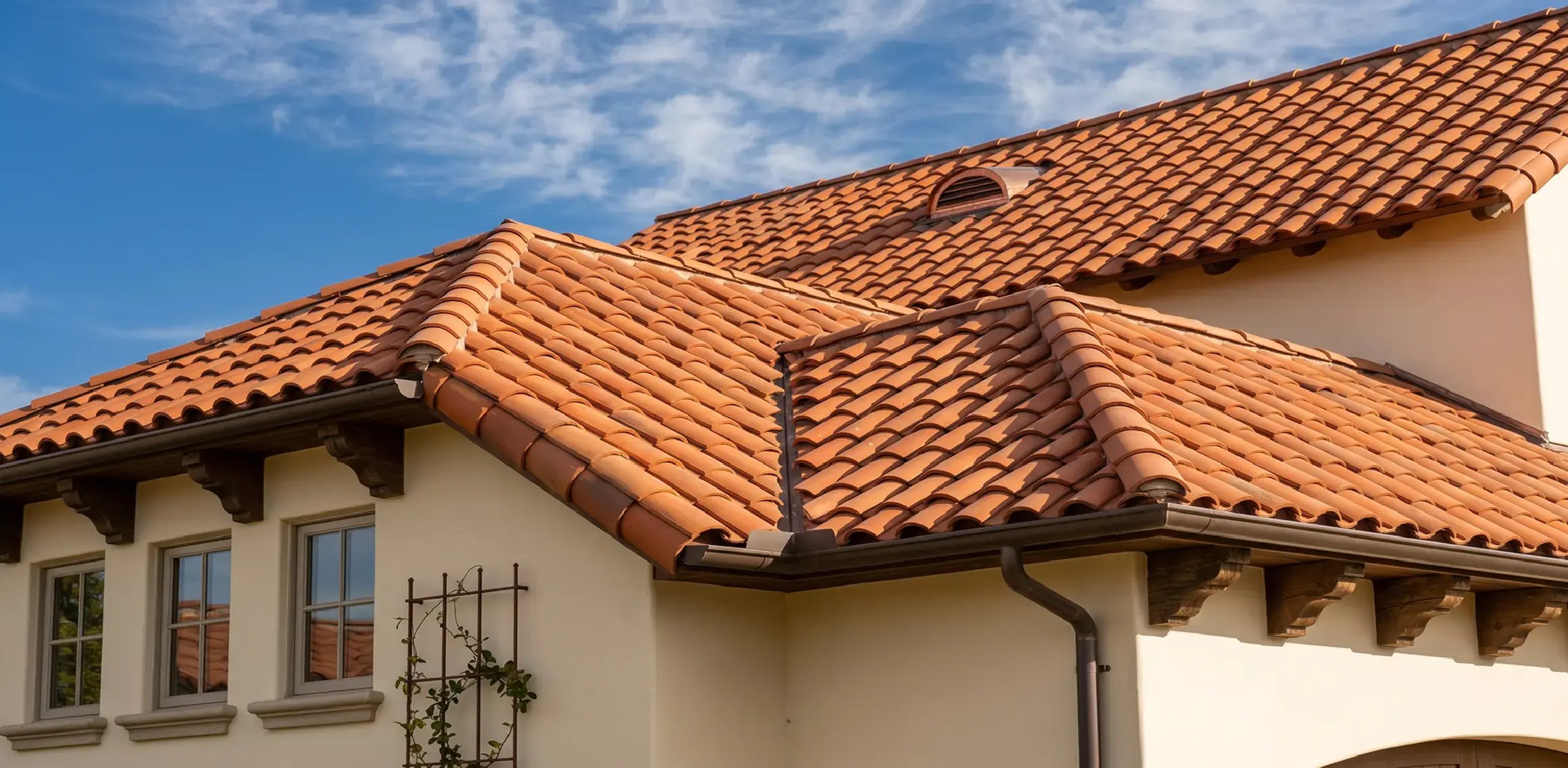 Terracotta clay barrel roof tiles on a Mediterranean-style stucco home against a blue sky — Hybrid Renovations