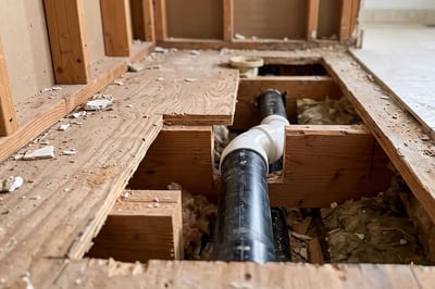 New shower drain line run through the opened joist bay during a tub-to-shower conversion