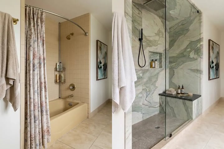 Alcove bathtub with a curtain before and a marble walk-in shower with a bench seat after tub-to-shower conversion