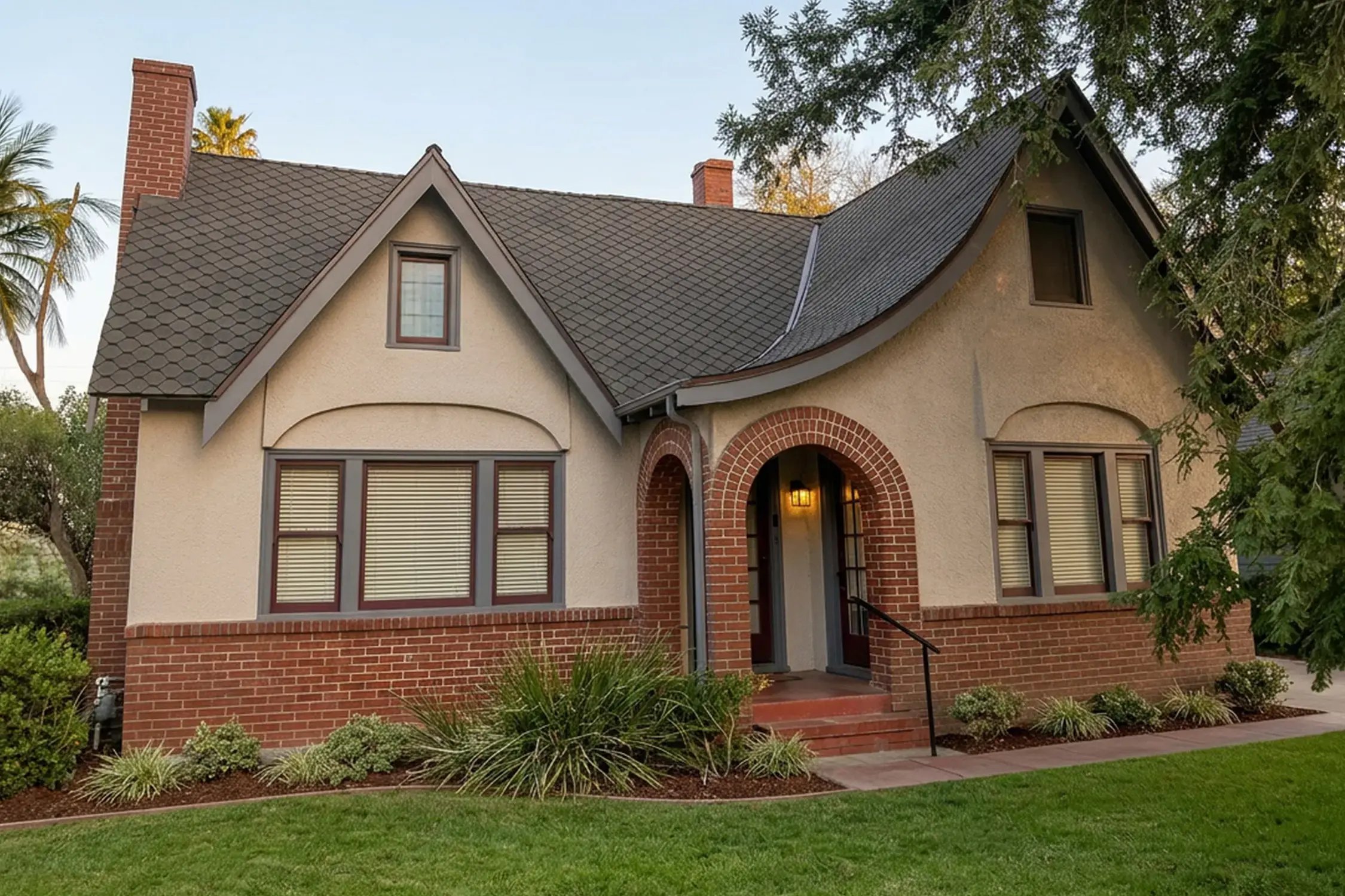 Tudor cottage with a new diamond-pattern shingle roof and brick chimney after a Hybrid Renovations replacement in Redlands