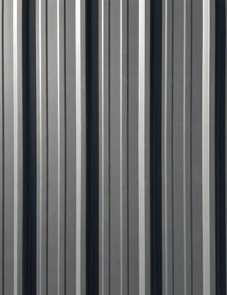 Weathered zinc gray standing seam metal roofing finish with cool-toned vertical seam panels