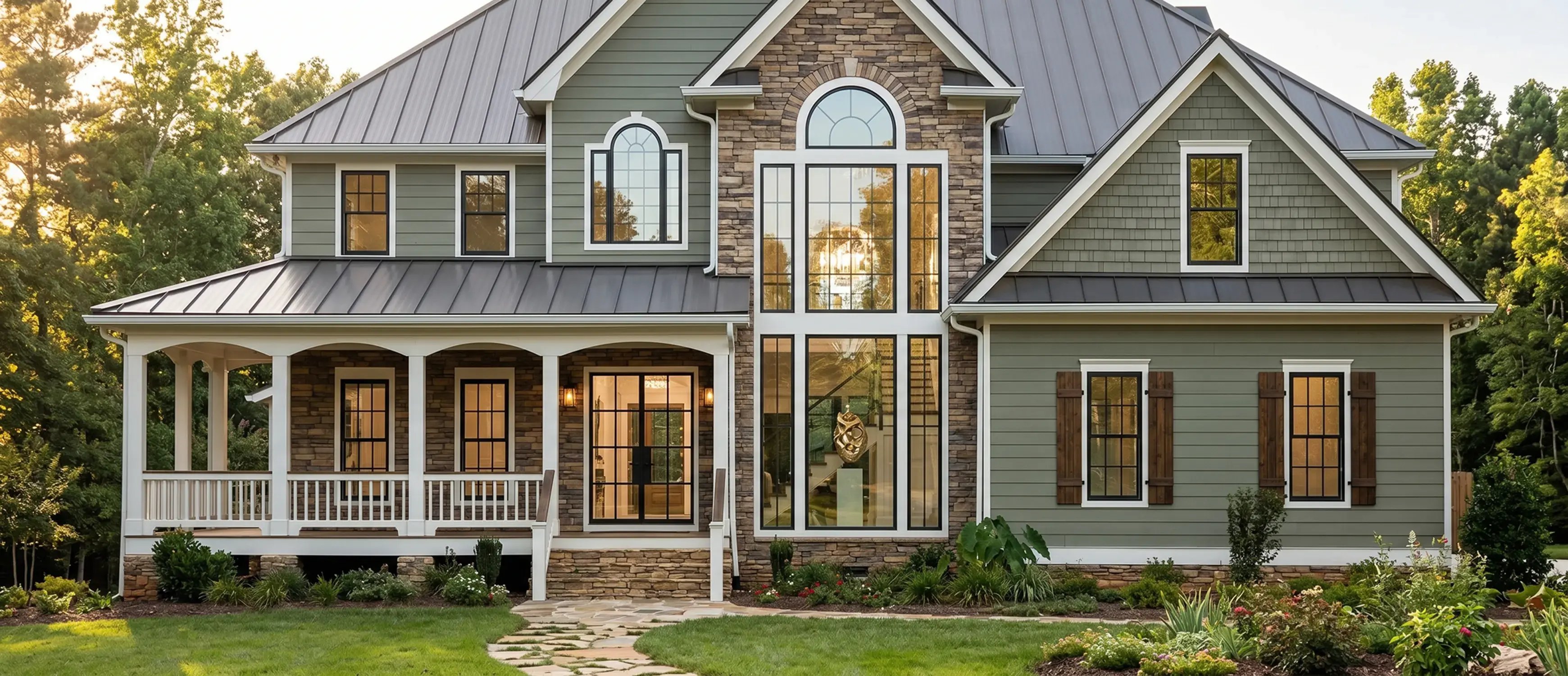Alt: Craftsman home with new black-framed windows, a tall two-story window wall, and arched accents after installation
