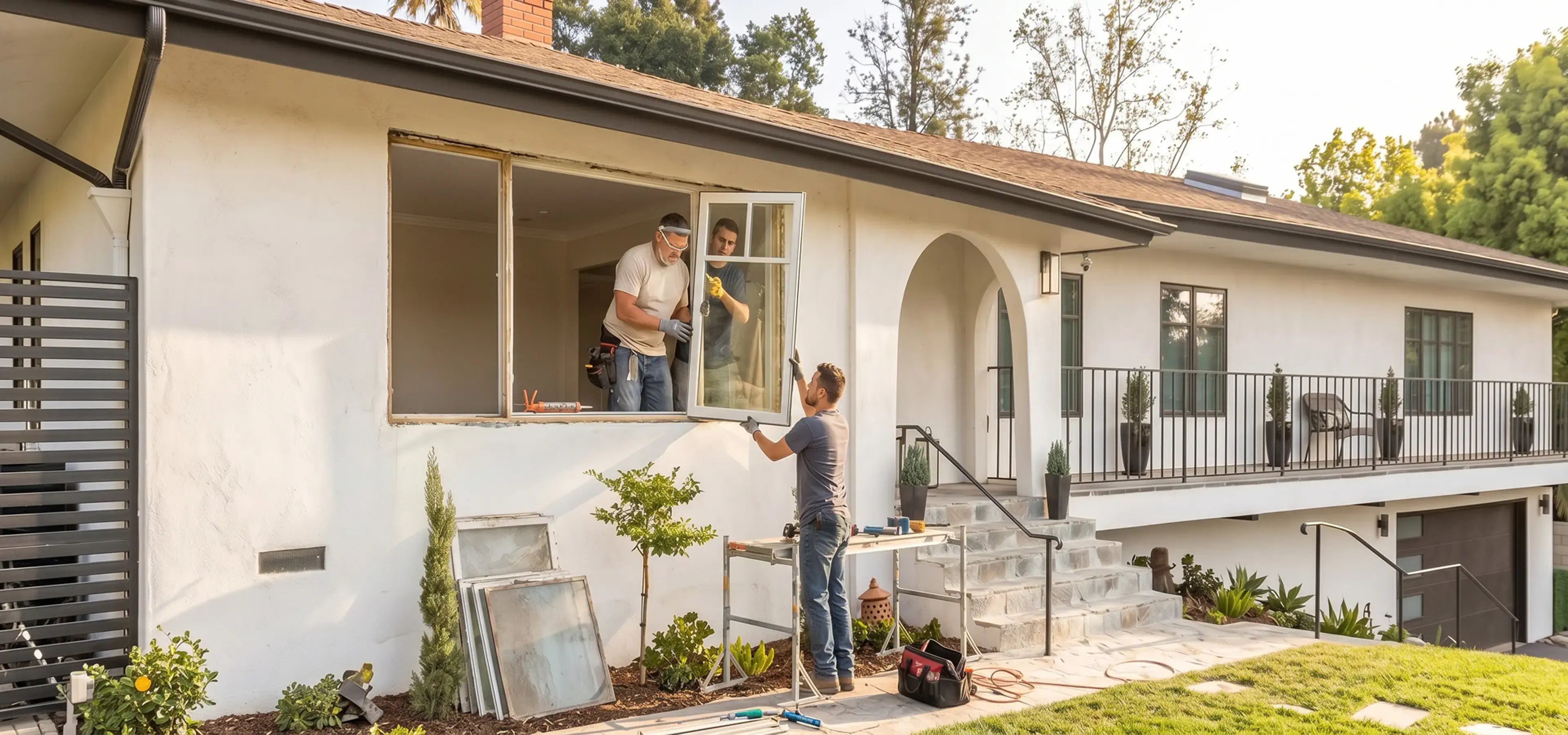 Three-person crew lifting a new window into the opening of a white stucco home during installation — Hybrid Renovations