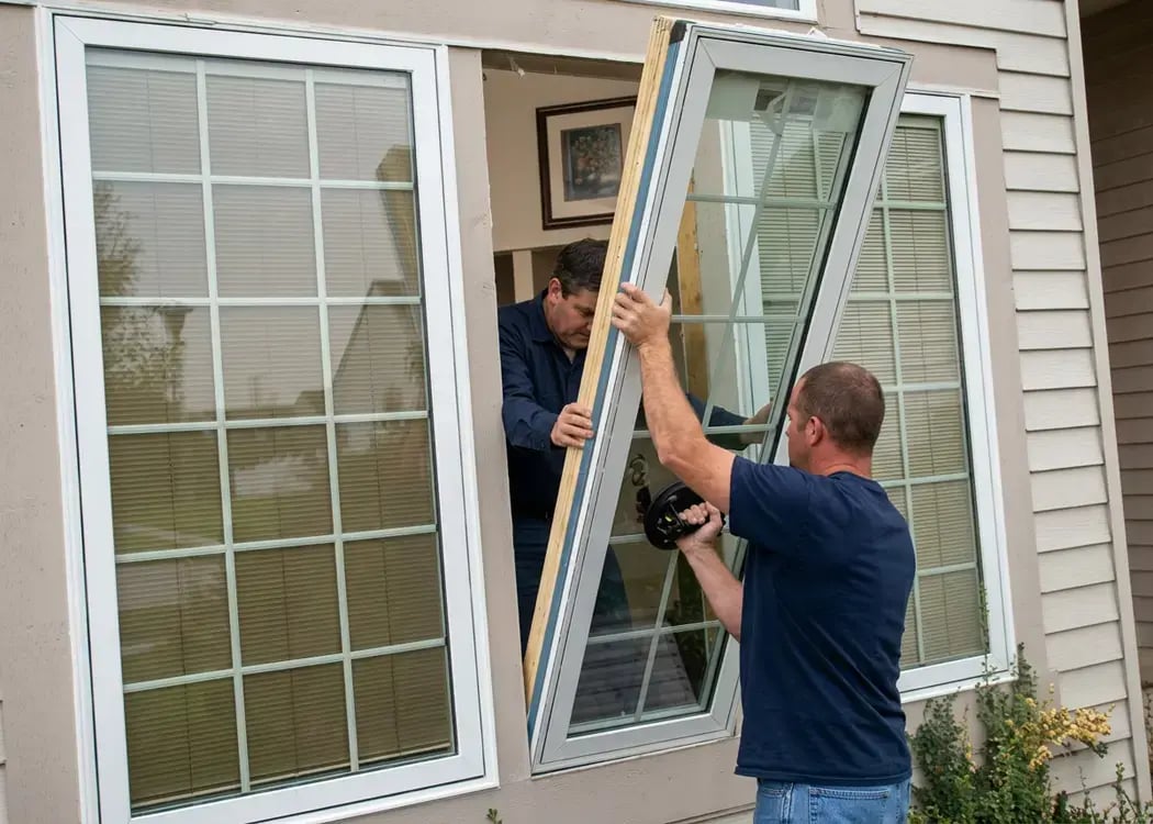 Two installers fitting a colonial-grid window into a home exterior during a window replacement, Hybrid Renovations