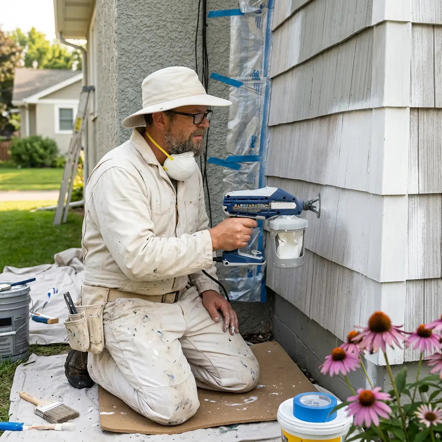 Painter kneeling to spray fresh white paint onto wood shake siding on a home exterior